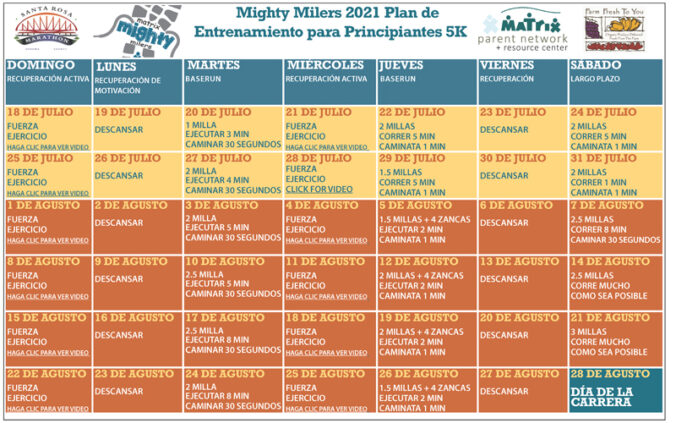 Matrix Mighty Milers training calendar