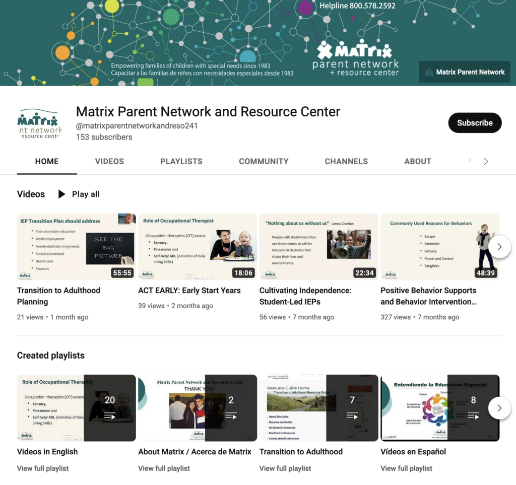 Matrix Parent Network and Resource Center YouTube Channel