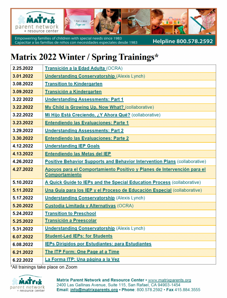Matrix Parent Network and Resource Center 2022 Winter-Spring Trainings