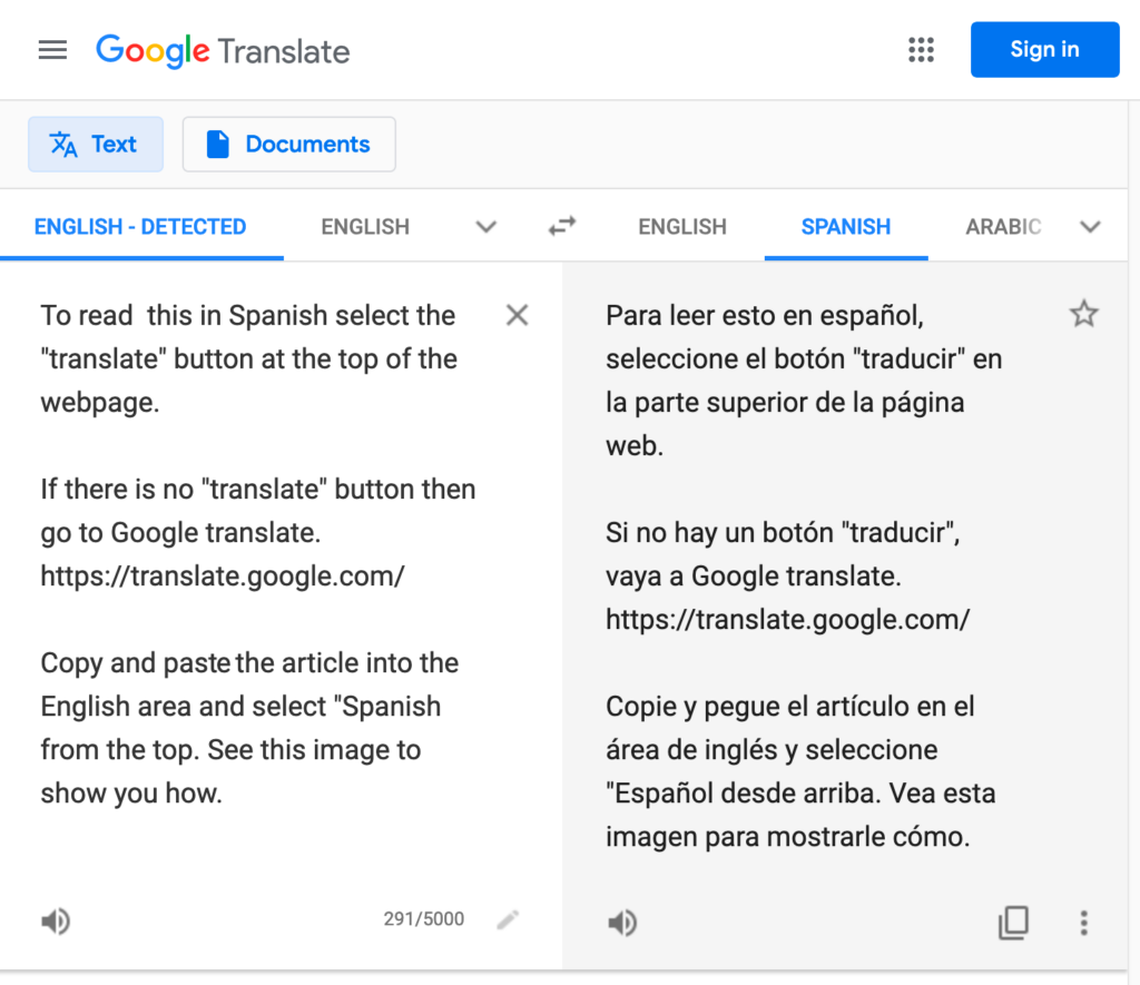 Google Translate image showing English and Spanish entries
