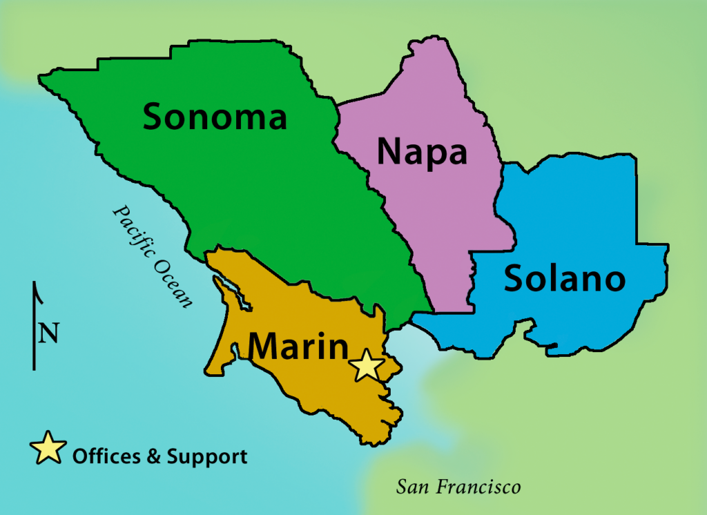 map showing Marin, Napa, Solano and Sonoma counties