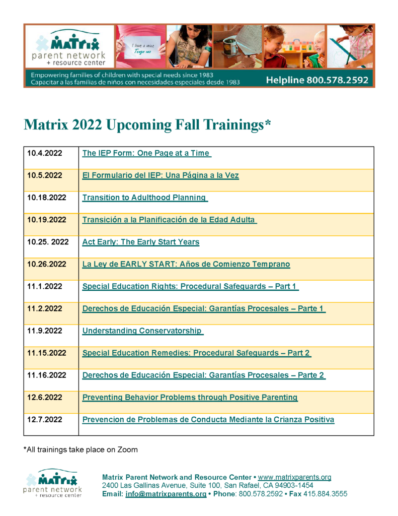Matrix 2022 fall training schedule