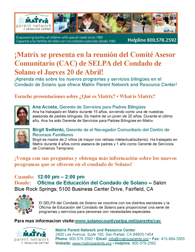 ¡Matrix se presenta en la reunión del Comité Asesor Comunitario (CAC) de SELPA del Condado de Solano