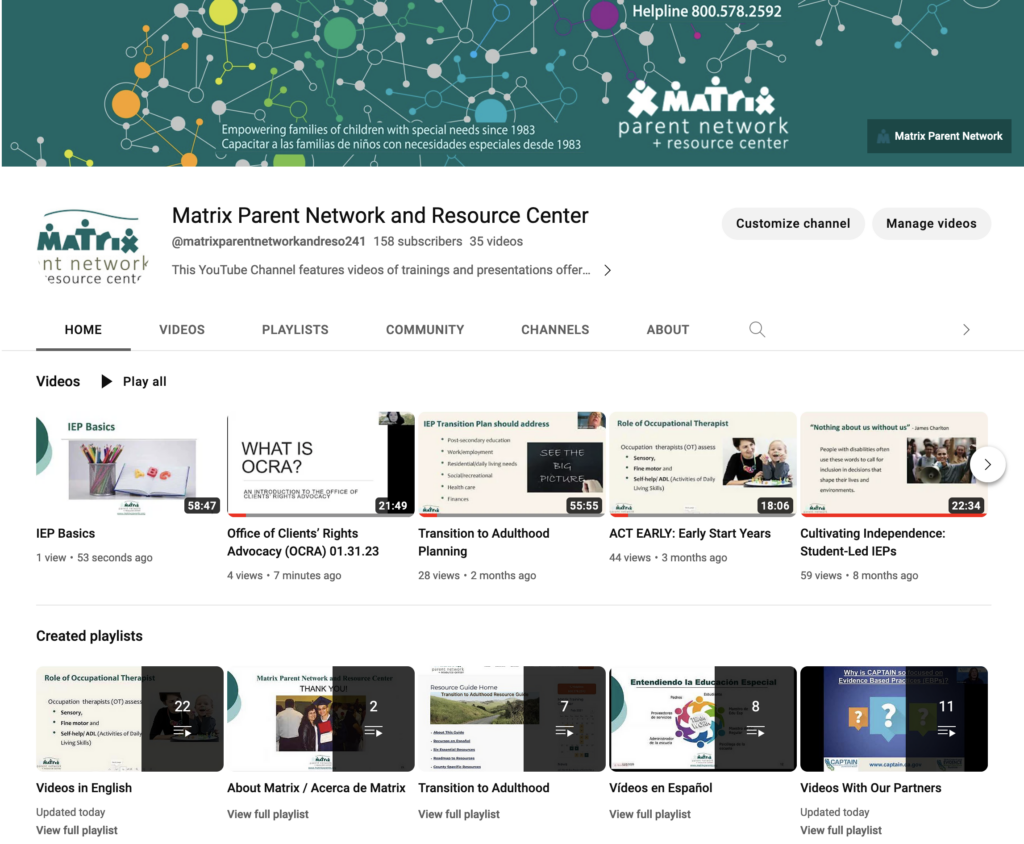 Matrix parent Network and Resource Center YouTube videos