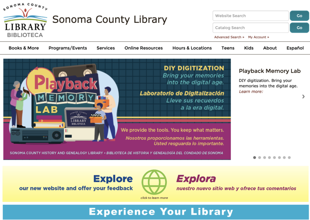 screen shot from Sonoma County Library web page home page    