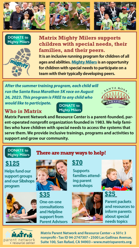 Matrix Mighty Milers supports children with special needs, their families, and their peers. It is an inclusive running program for children of all ages and abilities. Mighty Milers is an opportunity for children with special needs to participate on a team with their typically developing peers. Donate to <ighty Milers