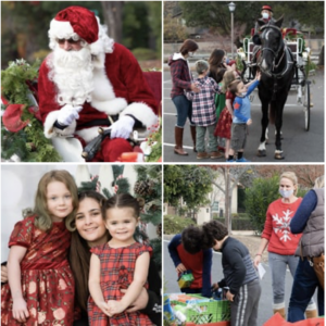 Photos of Santa on his sleigh and happy children greeting him