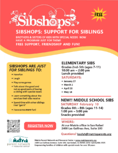 Matrix Sibshops 2024 flyer with information about program