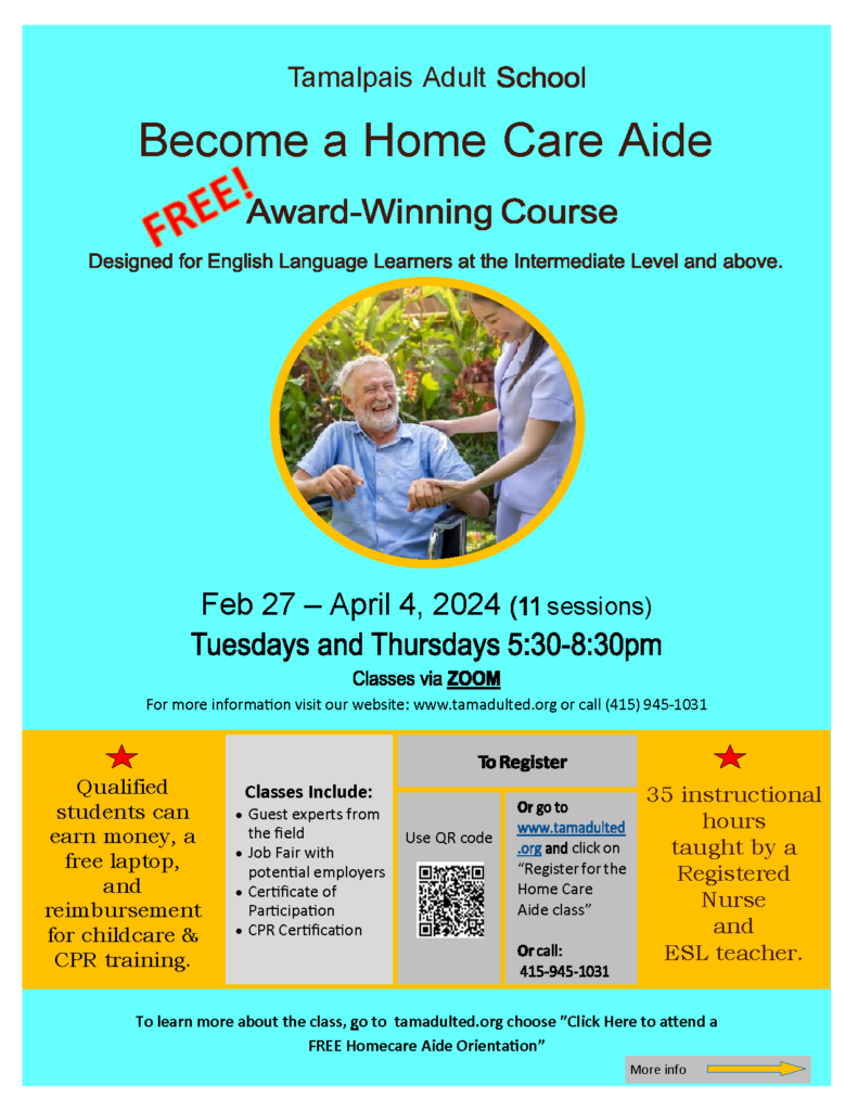 “Become a Home Care Aide”, will be held via Zoom, February 27, 2024 to April 4, 2024 flyer