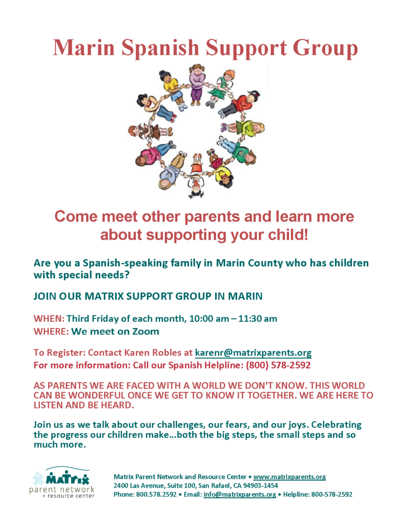 Matrix Parent Network Marin Spanish Support Group flyer