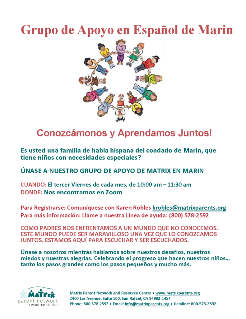 Folleto del grupo de apoyo en español de Matrix Parent Network en Marin