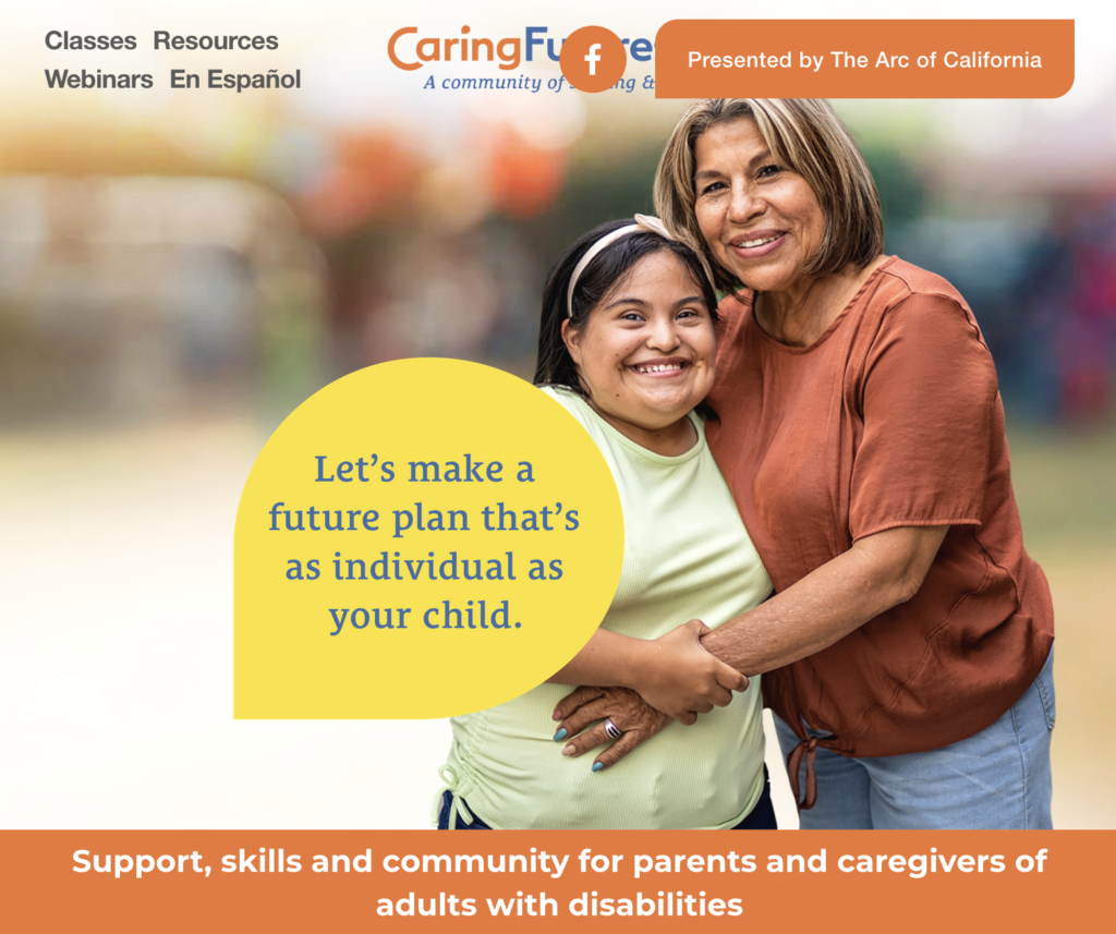 Child with disabilities and caregiver embracing and smiling